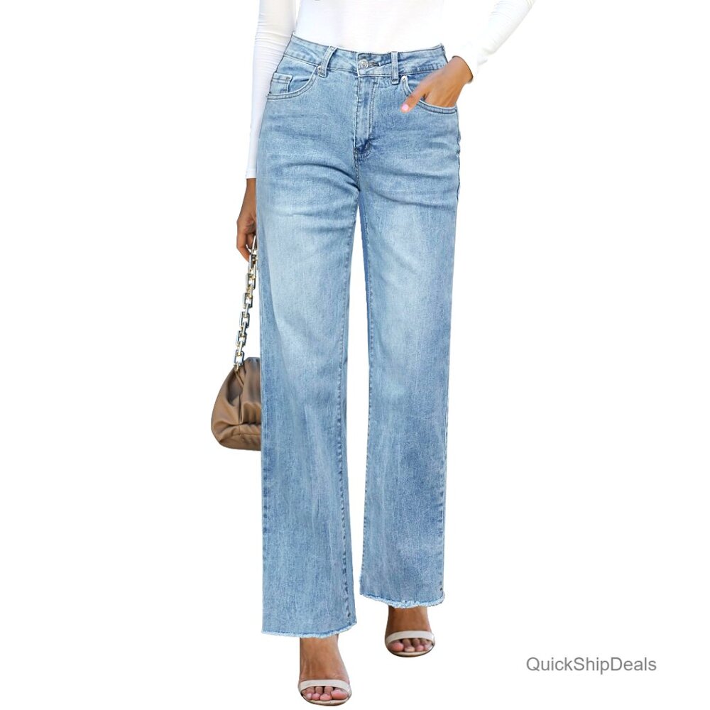 High Waisted Straight Leg Jeans Stretchy Denim Frayed Hem Casual Pants